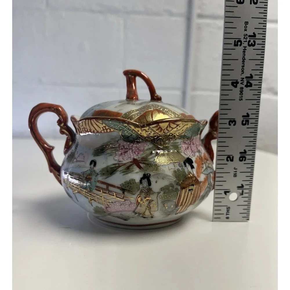 Vintage Kutani Geisha Sugar Bowl BiBi Japan Red Gold Porcelain Hand Painted‎